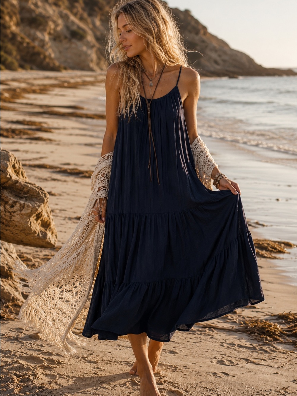 Gibson Latimer Navy Flowy Tiered Cami Maxi Dress XL Boho Beach Cotton